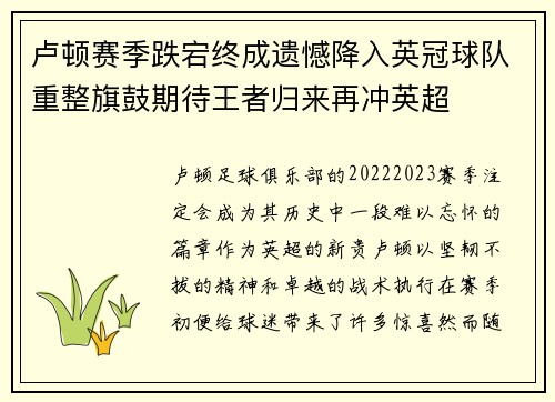 卢顿赛季跌宕终成遗憾降入英冠球队重整旗鼓期待王者归来再冲英超